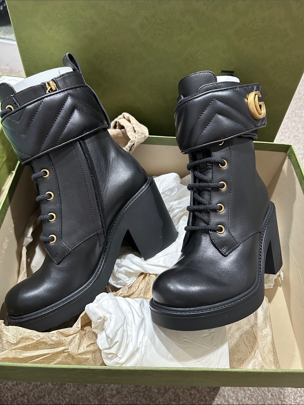 Gucci Black Quilted Cuff Lace-Up Heel Boots with Gold GG